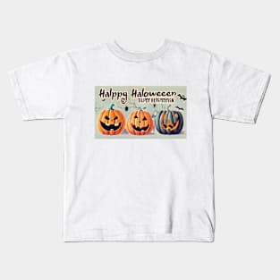 Pumpkins with Carved Faces and a Little Girl Hiding Between Them Kids T-Shirt